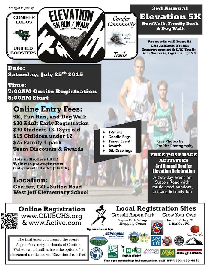 2015 elevation celebration conifer club trails 5k walk run flyer