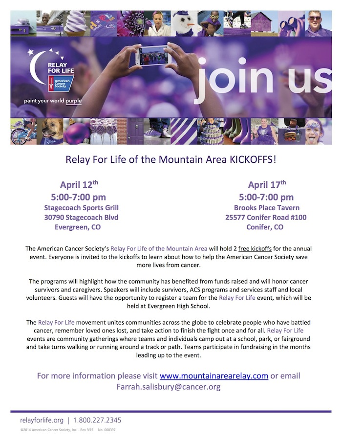 2016 Kickoff Flyer Mountain AREA Relay For Life Evergreen Conifer