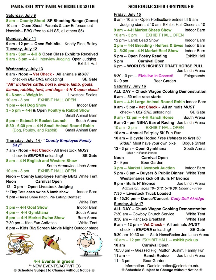 2016 Park County fair Schedule