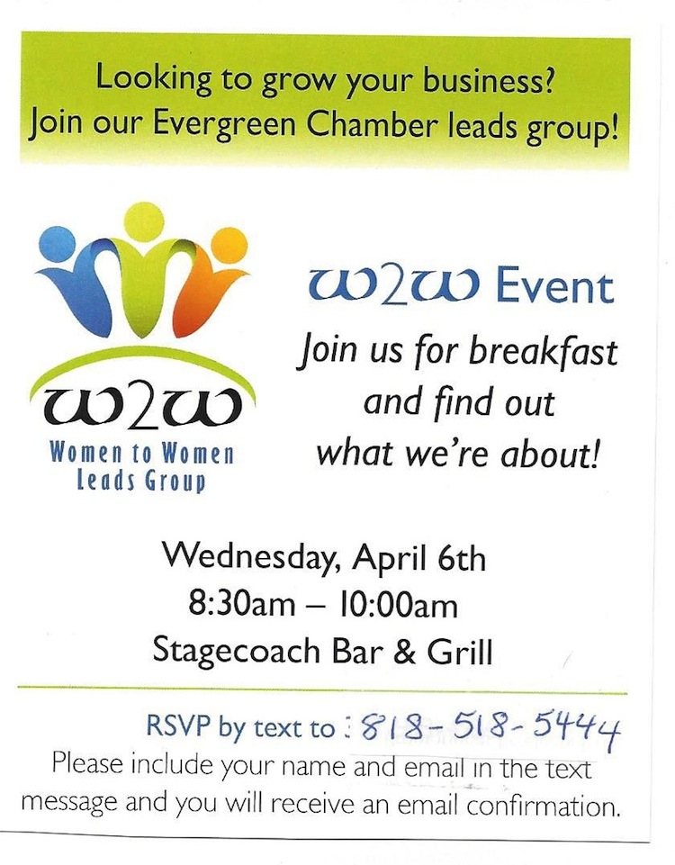 Evergreen Chamber of Commerce Women 2 Women Leads Group Breakfast flyer 2016