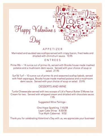 Brooks Place Tavern Valentines Day Menu 2015