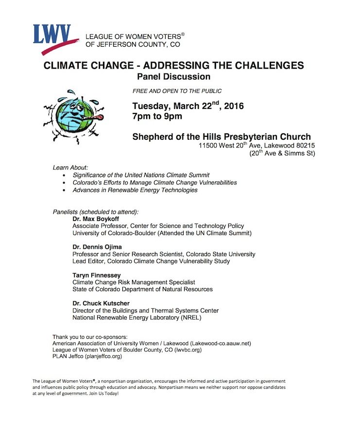 Climate Change Panel Flyer League of Women Voters Jeffco