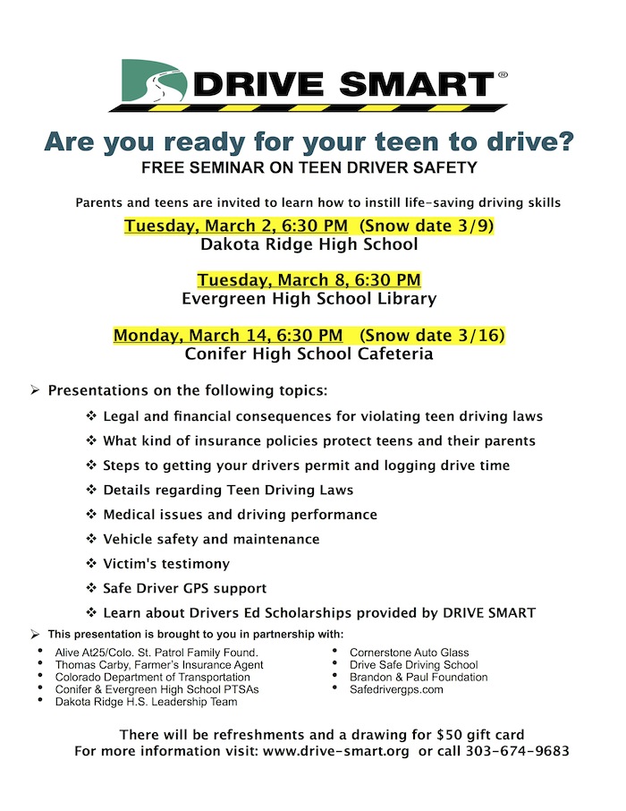 GDL seminar flyer 2016 Drive Smart Conifer Evergreen High School drivers education class