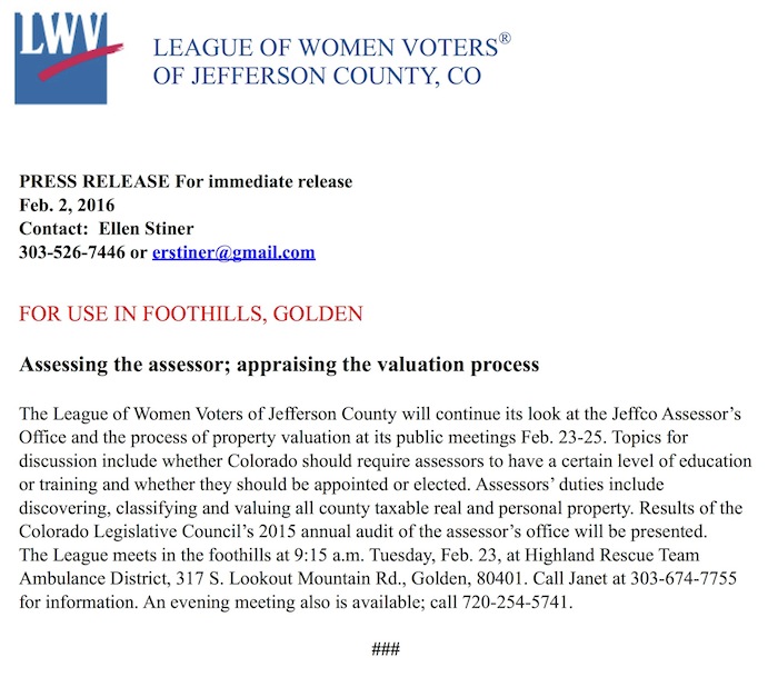 Jeffco League of Women Voters Assessors Office