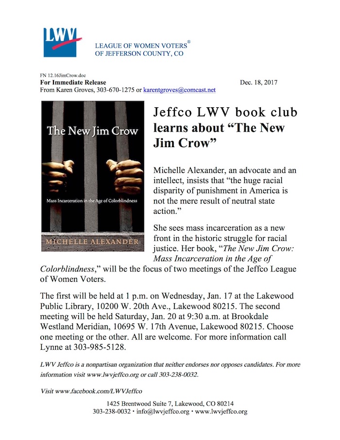 Jeffco League of Women Voters January 2018 Book Club Jim Crow