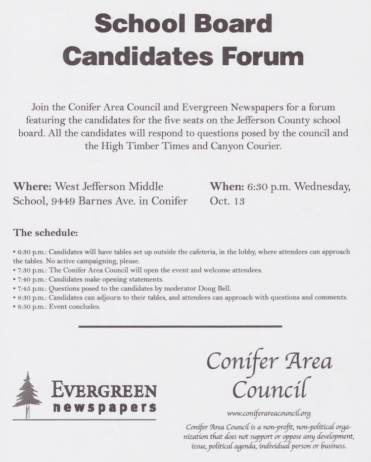 Jeffco School Board Candidates Forum Jefferson County Colorado Conifer Area Council Evergreen Newspapers