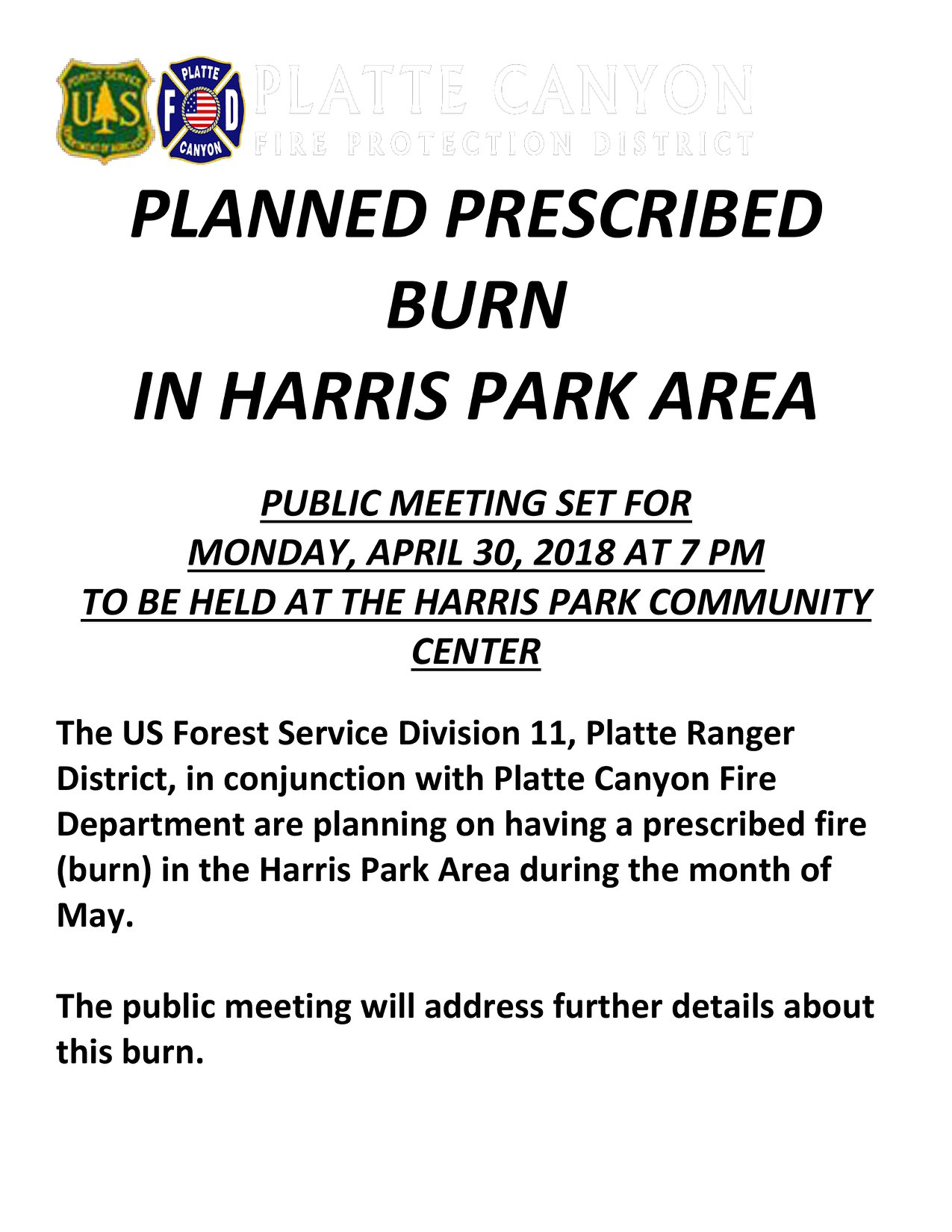 Planned Prescribed Burn Harris Park USFS US Forest Service Platte Canyon Fire Protection District