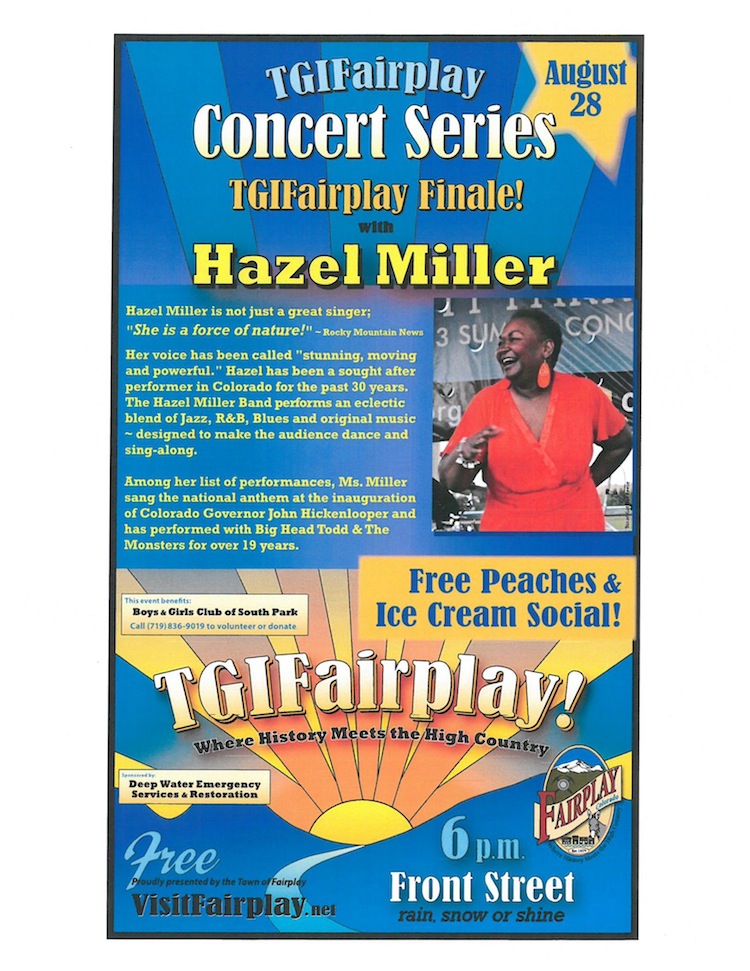 TGIFairplay Concert Series August 28 Fairplay Colorado Hazel Miller Band