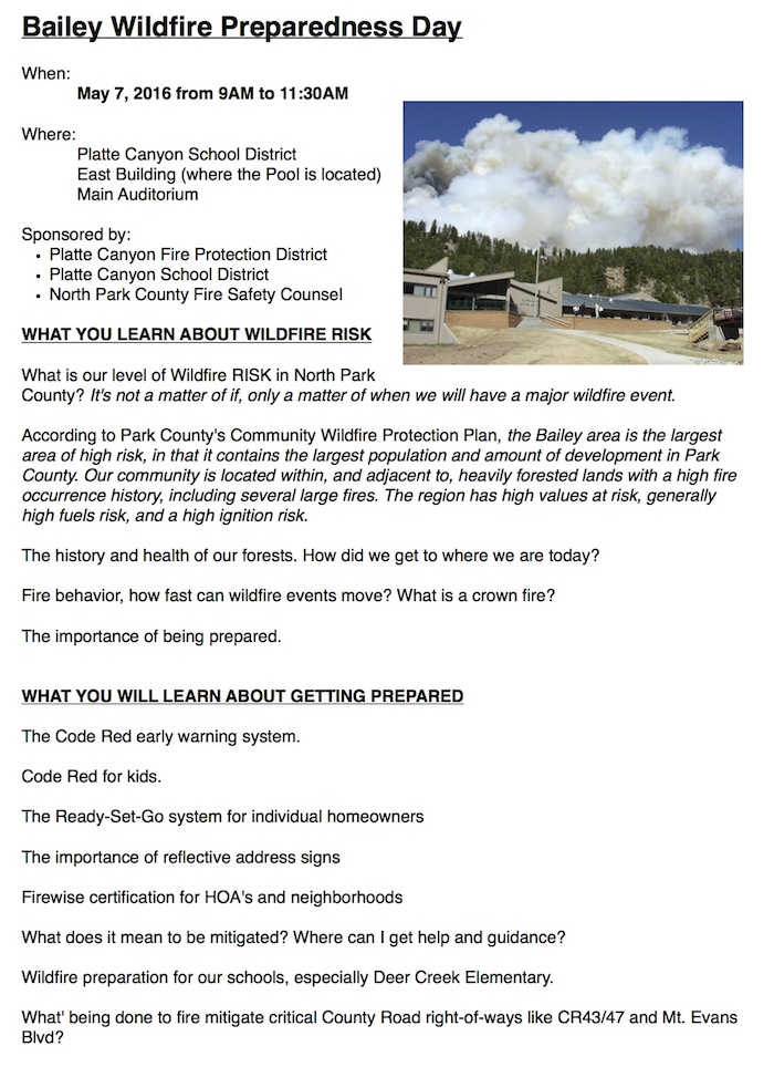 Bailey Wildfire Preparedness Day Platte Canyon Area Colorado