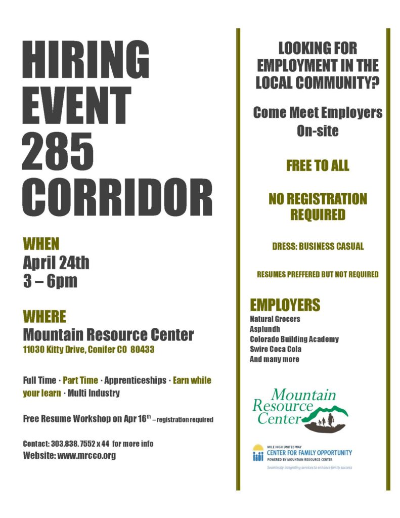Mountain Resource Center 285 Corridor Spring 2018 Job Fair flyer 