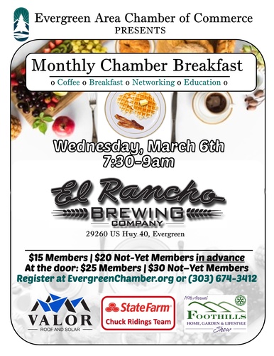 Evergreen Chamber of Commerce MARCH 2019 Breakfast Flyer El Rancho Brewing Co