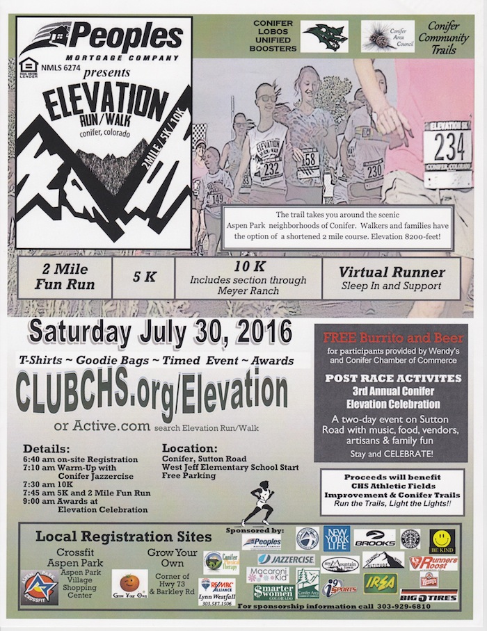 Elevation Celebration 5K 10K 2 Mile Conifer Lobos Unified Boosters Trails July 30 2016